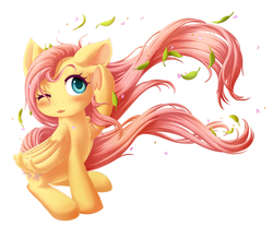 Size: 1800x1500 | Tagged: safe, artist:mochi2-arts, fluttershy, pegasus, pony, blushing, cute, female, head turn, leaves, looking at you, looking away, looking sideways, mare, one eye closed, open mouth, shyabetes, simple background, sitting, solo, stray strand, underhoof, white background, windswept mane, wings