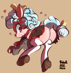 Size: 630x653 | Tagged: safe, artist:tohupo, cozy glow, pegasus, pony, g4, brown background, butt, clothes, cozy glutes, female, filly, foal, heart, pleated skirt, plot, shoes, signature, simple background, skirt, skirt lift, socks, solo, technically an upskirt shot, thigh highs