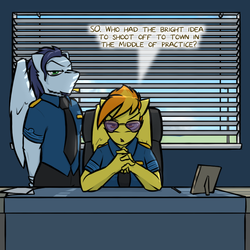 Size: 800x800 | Tagged: safe, artist:captainhoers, soarin', spitfire, pegasus, anthro, g4, angry, clothes, dialogue, female, glasses, male, soarin' is not amused, spitfire is not amused, text, unamused, uniform