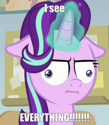 Size: 611x702 | Tagged: safe, edit, edited screencap, editor:axal-5, screencap, starlight glimmer, pony, g4, marks for effort, all seeing eye, animated, cropped, crossing the memes, derp, excessive exclamation marks, eye, eyes, female, gif, i mean i see, insanity, meme, snaplight glimmer, text edit, this will end in insanity, vibrating