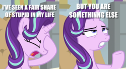 Size: 1978x1080 | Tagged: safe, edit, edited screencap, screencap, starlight glimmer, pony, g4, marks for effort, annoyed, female, frustrated, image macro, meme, reaction image, solo, text