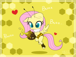 Size: 1720x1300 | Tagged: safe, artist:potetecyu_to, fluttershy, bee, pegasus, pony, g4, animal costume, antennae, bee costume, chibi, clothes, costume, cute, female, flutterbee, food, heart, honey, hoof hold, looking at something, mare, neck fluff, pot, shyabetes, solo, spill, spread wings, wings
