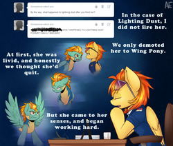 Size: 1280x1086 | Tagged: safe, artist:spittfireart, lightning dust, spitfire, pegasus, pony, g4, alternate universe, chair, clothes, comic, desk, duo, eyes closed, female, mare, necktie, spitfire's office, sunglasses, text, tumblr, uniform, wonderbolt trainee uniform, wonderbolts dress uniform, wonderbolts uniform