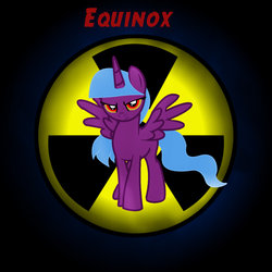 Size: 1280x1280 | Tagged: safe, artist:skyarrow, oc, oc only, oc:equinox, alicorn, pony, fallout equestria, base used, radiation sign, solo, text