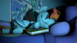 Size: 1920x1080 | Tagged: safe, artist:szczerbix, rainbow dash, pony, g4, 3d, bed, bedroom, book, daring do book, house, sleeping, source filmmaker