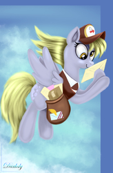 Size: 3360x5120 | Tagged: safe, artist:darksly, derpy hooves, pegasus, pony, g4, clothes, female, flying, mail, mailbag, mailmare, smiling, solo