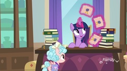 Size: 1920x1080 | Tagged: safe, screencap, cozy glow, twilight sparkle, alicorn, pegasus, pony, g4, school raze, book, desk, duo, envelope, female, filly, foal, letter, magic, mare, saddle bag, twilight sparkle (alicorn), twilight's office