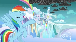 Size: 1920x1080 | Tagged: safe, screencap, rainbow dash, pegasus, pony, g4, school raze, cloudsdale, eyes closed, female, flying, mare, rainbow, rainbow waterfall, scattered thunderstorms, stormcloud, weather factory
