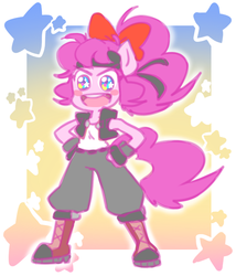 Size: 600x700 | Tagged: safe, artist:thegreatrouge, pinkie pie, earth pony, anthro, g4, boots, bow, clothes, female, fingerless gloves, gloves, hair bow, pants, shoes, smiling, solo