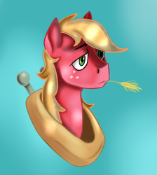 Size: 762x851 | Tagged: safe, artist:jbond, artist:skrapbox, color edit, edit, big macintosh, earth pony, pony, g4, bust, colored, disembodied head, food, gradient background, head, male, painting, portrait, simple background, solo, stallion, straw in mouth, wheat