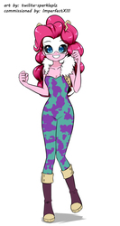 Size: 638x1200 | Tagged: safe, artist:twilite-sparkleplz, pinkie pie, equestria girls, g4, anime, boots, clothes, commission, commissioner:imperfectxiii, costume, crossover, female, looking at you, mina ashido, my hero academia, namesake, pinky's hero costume, shoes, simple background, smiling, white background