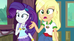Size: 1280x720 | Tagged: safe, screencap, applejack, rarity, equestria girls, g4, my little pony equestria girls: legend of everfree, blonde, camp everfree logo, camp everfree outfits, door, hatless, missing accessory, raised arm, raised eyebrow, wet hair