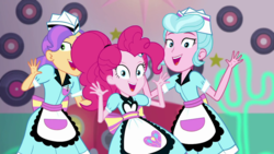 Size: 1280x720 | Tagged: safe, screencap, pinkie pie, sunny sugarsocks, tip top, coinky-dink world, equestria girls, g4, my little pony equestria girls: summertime shorts, cute, diapinkes, diner, diner uniform, doo wop, female, record, server pinkie pie, smiling, sweet snacks cafe, trio, trio female, waitress