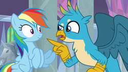 Size: 1280x720 | Tagged: safe, screencap, gallus, rainbow dash, griffon, pegasus, pony, g4, school daze, chest fluff, female, flying, male, mare, pointing, raised eyebrow, wings