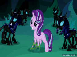 Size: 500x374 | Tagged: safe, edit, edited screencap, screencap, queen chrysalis, starlight glimmer, thorax, changeling, changeling queen, g4, to where and back again, animated, animation error, armor, aura, autobot, changeling armor, changeling guard, changeling hive, clash of hasbro's titans, corrupted, disguise, disguised changeling, female, gif, hissing, hot rod, memecenter, power of the primes, red eyes, rodimus cron, rodimus prime, rodimus unicronus, such as, throne room, transformation, transformers, unicron