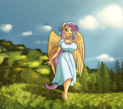 Size: 2000x1775 | Tagged: safe, artist:joenobody, artist:just-another-vore-artist, fluttershy, rainbow dash, pegasus, anthro, unguligrade anthro, g4, breasts, busty fluttershy, cleavage, clothes, dress, female, hat, hooves, mare, outdoors, smiling, solo focus