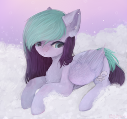 Size: 1940x1820 | Tagged: safe, artist:korzhik, oc, oc only, oc:liz, pegasus, pony, cloud, crying, ear piercing, female, floppy ears, fluffy, folded wings, hooves, long mane, looking away, looking down, lying down, mare, melancholy, on a cloud, piercing, prone, sad, solo, sunrise, two toned mane, wings