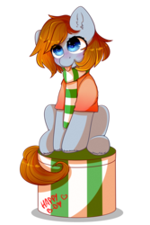 Size: 2000x3000 | Tagged: safe, artist:etoz, oc, oc only, oc:olya, earth pony, pony, blue eyes, blushing, brown mane, clothes, female, gift art, happy, happy birthday, high res, looking up, mare, scarf, seat, simple background, tongue out, transparent background