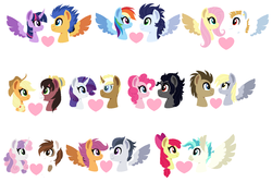 Size: 1312x876 | Tagged: safe, artist:xxwerecatdipperxx, apple bloom, applejack, bulk biceps, derpy hooves, doctor whooves, flash sentry, fluttershy, king sombra, pinkie pie, pipsqueak, rainbow dash, rarity, rumble, scootaloo, soarin', sweetie belle, terramar, time turner, trenderhoof, trouble shoes, twilight sparkle, alicorn, earth pony, hippogriff, pegasus, pony, unicorn, g4, bow, bust, cowboy hat, cutie mark crusaders, female, glasses, hair bow, hat, heart, horn, lineless, male, mane six, mare, older, portrait, profile, ship:doctorderpy, ship:flashlight, ship:flutterbulk, ship:rumbloo, ship:soarindash, ship:sweetiesqueak, ship:terrabloom, shipping, shipping chart, simple background, sombrapie, stallion, straight, trenderity, troublejack, twilight sparkle (alicorn), white background, wings