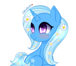 Size: 3000x2600 | Tagged: safe, artist:pvrplehaze, artist:sachikoh, trixie, pony, unicorn, g4, blushing, cute, diatrixes, female, flower, flower in hair, happy, high res, mare, simple background, smiling, solo, transparent background