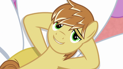Size: 1280x720 | Tagged: safe, screencap, feather bangs, earth pony, pony, g4, hard to say anything, looking at you, male, smiling, solo, stallion, stupid sexy feather bangs