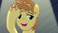 Size: 1280x720 | Tagged: safe, screencap, feather bangs, earth pony, pony, g4, hard to say anything, male, smiling, solo, stallion