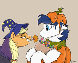 Size: 2215x1801 | Tagged: safe, artist:rutkotka, applejack, oc, oc:constance everheart, earth pony, pony, g4, candy, canon x oc, caramel apple (food), clothes, costume, everjack, female, food, halloween, halloween costume, hat, holiday, lollipop, male, mare, nightmare night costume, not shining armor, pumpkin, shipping, stallion, straight, wizard hat
