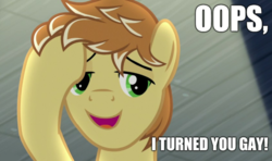 Size: 1827x1080 | Tagged: safe, edit, edited screencap, editor:apex soundwave, screencap, feather bangs, earth pony, pony, g4, hard to say anything, hair flip, image macro, implied gay, male, oops, solo, stallion, text
