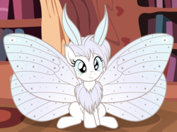 Size: 2829x2107 | Tagged: safe, artist:badumsquish, derpibooru exclusive, oc, oc only, oc:flūf, monster pony, moth, mothpony, original species, pony, antennae, badumsquish is trying to murder us, belly fluff, cheek fluff, chest fluff, cute, female, fluffy, golden oaks library, head tilt, high res, hnnng, looking at you, neck fluff, ocbetes, sitting, smiling, solo, spread wings, weapons-grade cute, wings