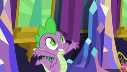 Size: 1280x720 | Tagged: safe, screencap, spike, dragon, father knows beast, g4, crystal, male, smiling, solo, winged spike, wings