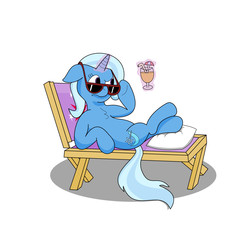 Size: 4061x4061 | Tagged: safe, artist:marcibel, artist:shutterguy, trixie, pony, unicorn, g4, absurd resolution, chair, cocktail umbrella, colored, drink, female, floppy ears, implied twilight sparkle, levitation, lounging, magic, mare, pillow, simple background, solo, sunglasses, telekinesis, white background