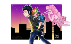 Size: 1280x800 | Tagged: safe, artist:janadashie, pinkie pie, rainbow dash, soarin', ghost, human, g4, clothes, eyes closed, female, humanized, male, piggyback ride, ship:soarindash, shipping, shoes, smiling, sneakers, straight