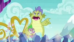 Size: 1280x720 | Tagged: safe, screencap, sludge (g4), spike, dragon, father knows beast, g4, crystal, duo, male, winged spike, wings