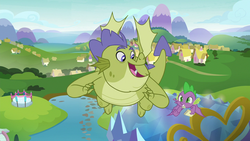 Size: 1280x720 | Tagged: safe, screencap, sludge (g4), spike, dragon, father knows beast, g4, balcony, duo, flying, male, ponyville, winged spike, wings