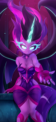 Size: 1156x2500 | Tagged: safe, artist:light262, sci-twi, twilight sparkle, equestria girls, g4, breasts, cleavage, female, glowing eyes, horn, looking at you, midnight sparkle, nail polish, solo, wings