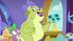 Size: 1280x720 | Tagged: safe, screencap, sludge (g4), spike, dragon, father knows beast, g4, duo, flower, male, smiling, vase, when he smiles, window, winged spike, wings