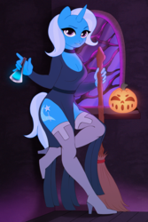Size: 1067x1600 | Tagged: safe, artist:yasuokakitsune, trixie, unicorn, anthro, plantigrade anthro, boots, broom, choker, clothes, collar, commission, dress, female, flask, full body, halloween, halloween costume, high heel boots, holiday, indoors, jack-o-lantern, jewelry, leaning, looking at you, mare, poison, pumpkin, shoes, side slit, sketch, smiling, socks, solo, standing, standing on one leg, stockings, thigh boots, thigh highs, total sideslit, traditional art, vial, window, witch, ych result