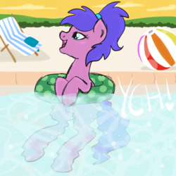Size: 2100x2100 | Tagged: safe, artist:lannielona, pony, advertisement, beach ball, beach chair, chair, commission, high res, inflatable, ponytail, sketch, solo, summer, swimming, swimming pool, towel, your character here