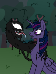 Size: 426x568 | Tagged: safe, artist:spyro-for-life, twilight sparkle, alicorn, pony, fanfic:the symbiote, g4, bags under eyes, chest fluff, crossover, drool, fanfic art, fangs, female, grass, mare, marvel, night, open mouth, shocked, solo, symbiote, tongue out, tree, twilight sparkle (alicorn), venom, venom (2018)