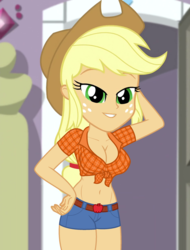 Size: 940x1240 | Tagged: safe, edit, edited screencap, editor:ah96, screencap, applejack, dance magic, equestria girls, equestria girls specials, g4, applejack's hat, belly button, breast edit, breasts, busty applejack, cleavage, clothes, cowboy hat, cropped, daisy dukes, female, front knot midriff, hat, midriff, shorts, solo