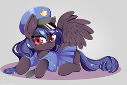Size: 3000x2000 | Tagged: safe, artist:detectiveneko, oc, oc only, pegasus, pony, chest fluff, clothes, dress, female, hat, high res, looking at you, mare, necktie, police, police uniform, prone, smiling, solo, wings