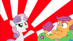 Size: 1797x1030 | Tagged: safe, edit, edited screencap, screencap, scootaloo, sweetie belle, pony, seapony (g4), unicorn, g4, surf and/or turf, duo, duo female, faic, female, filly, foal, japan, japanese empire, japanese flag, seaponified, seapony scootaloo, species swap, sunburst background, tadfoal