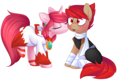Size: 5460x3539 | Tagged: safe, artist:scarlet-spectrum, oc, oc only, oc:blitz drive, oc:diamond stellar, earth pony, pony, unicorn, blushing, cheek kiss, clothes, commission, cute, dress, drivellar, ear piercing, earring, female, final fantasy, gem, high heels, hoodie, jewelry, kissing, male, oc x oc, piercing, scarf, shipping, shoes, simple background, straight, surprise kiss, surprised, transparent background, white mage, ych result