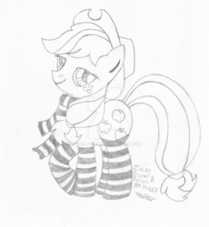 Size: 1024x1113 | Tagged: safe, artist:thecloud96, applejack, earth pony, pony, g4, applejack's hat, clothes, cowboy hat, female, hat, mare, obtrusive watermark, raised hoof, scarf, signature, sketch, socks, solo, stock vector, striped socks, traditional art, watermark