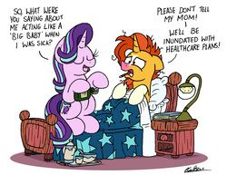 Size: 2243x1731 | Tagged: safe, artist:bobthedalek, starlight glimmer, sunburst, pony, unicorn, g4, bed, book, coat markings, cup, dialogue, female, lamp, male, medicine, messy mane, red nosed, ship:starburst, shipping, sick, socks (coat markings), straight, teacup, teapot, tray