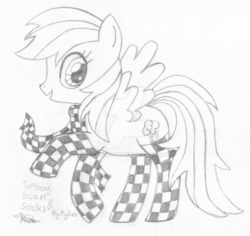 Size: 1024x965 | Tagged: safe, artist:thecloud96, rainbow dash, pegasus, pony, g4, checkered socks, clothes, female, mare, obtrusive watermark, open mouth, raised hoof, scarf, signature, sketch, socks, solo, stock vector, watermark