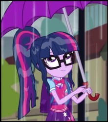 Size: 1077x1221 | Tagged: safe, screencap, sci-twi, twilight sparkle, equestria girls, g4, monday blues, my little pony equestria girls: summertime shorts, clothes, cropped, female, geode of telekinesis, glasses, ponytail, rain, skirt, smiling, umbrella, wet, wet hair