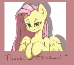 Size: 1024x895 | Tagged: safe, artist:danli69, fluttershy, pegasus, pony, g4, blushing, bust, cute, female, followers, human shoulders, lidded eyes, looking at you, mare, milestone, shyabetes, simple background, smiling, solo, stray strand, thank you, transparent background, wings