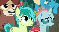Size: 706x391 | Tagged: safe, screencap, gallus, ocellus, sandbar, yona, changedling, changeling, earth pony, griffon, pony, yak, g4, non-compete clause, cropped, cutie mark, female, male, offscreen character, paws, teenager