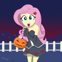Size: 7680x7680 | Tagged: safe, artist:efk-san, fluttershy, vampire, equestria girls, g4, absurd resolution, bare shoulders, black skirt, candy, clothes, costume, cute, evening gloves, excited, fangs, female, fence, flutterbat, food, gloves, halloween, halloween costume, happy, holiday, jack-o-lantern, long gloves, looking at you, night, nightmare retardant, open mouth, pumpkin, pumpkin bucket, race swap, show accurate, shyabetes, skirt, smiling, solo, stars, sweet dreams fuel
